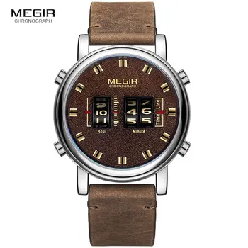 

MEGIR Luxury Digital Watch Men 2019 New Relogio Masculino Brown Leather Strap Army Sport Quartz Wrist Watches Clock Man 2