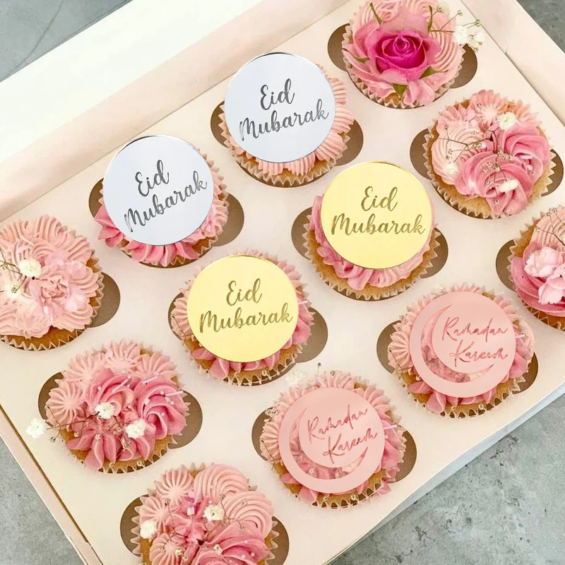 5/10pcs Eid Mubarak Acrylic Cupcake Topper Gold Ramadan Kareem Cake Topper Islamic Muslim Festival Party Cake DIY Decorations