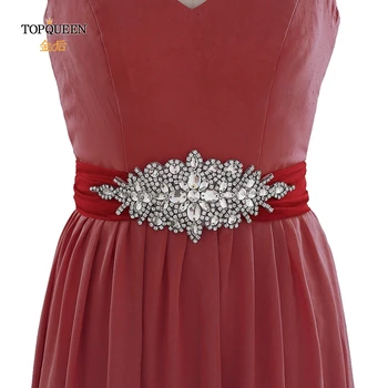 

TOPQUEEN S01 bridal belt burgundy crystal patches rhinestones applique dress belt bride accessories belts sweet belt