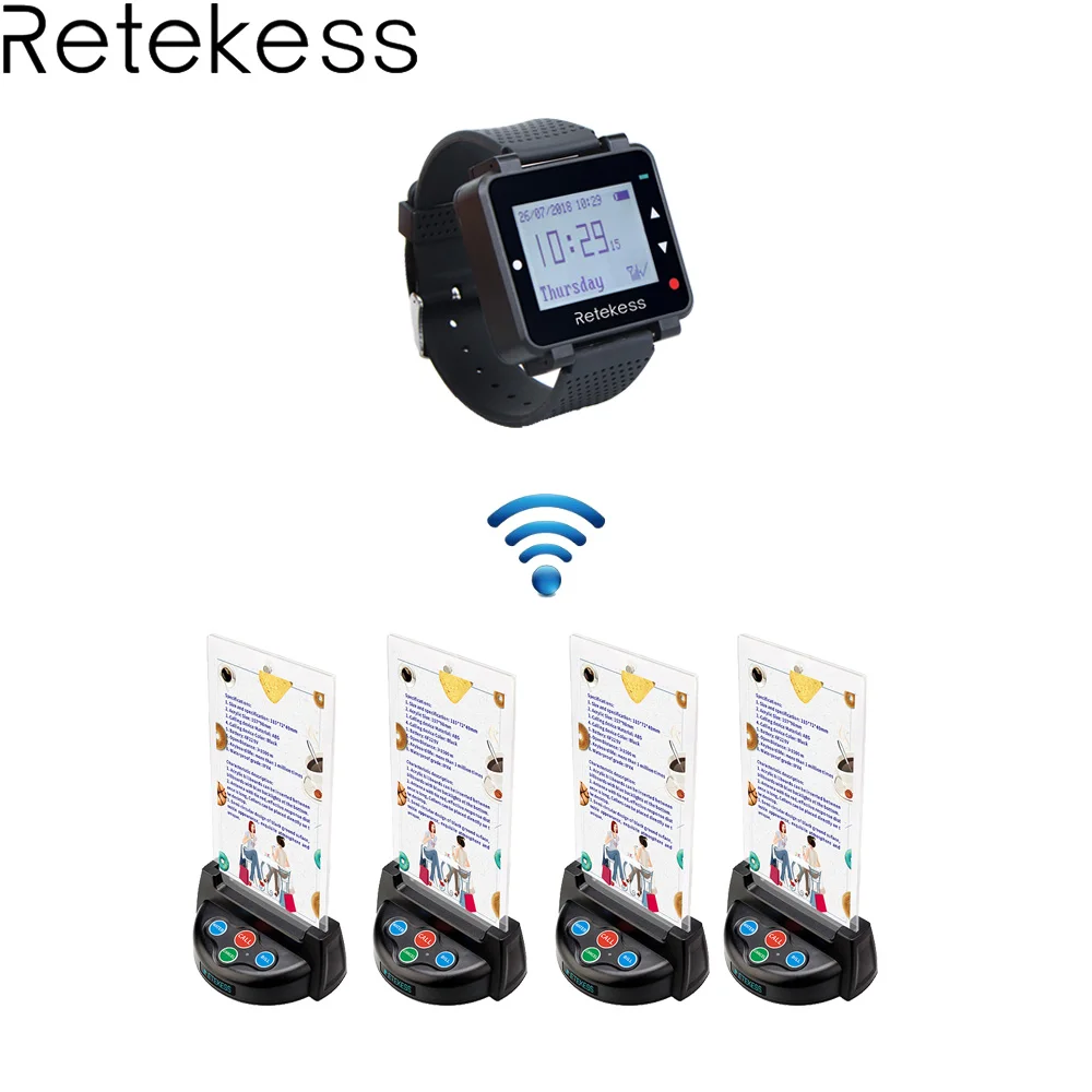 

Retekess T128 Watch Receiver + 4pcs TD006 Table Card Pager Wireless Calling System For Restaurant Equipment Customer Service