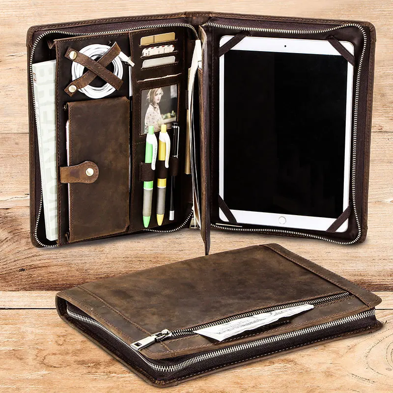 

Genuine Leather Padfolio Folding Folio Case For Apple Ipad Pro 10.5 Inch Case Pen Slot Zipper Multifunctional Tablet Holster