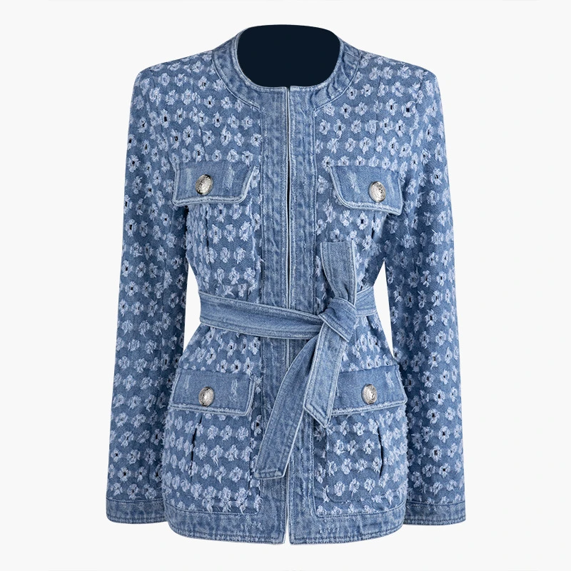 CHICEVER/винтажная синяя джинсовая куртка с поясом, с рваными дырками, Женское пальто, осеннее пальто с длинными рукавами и карманами, уличная Новинка - Цвет: Blue