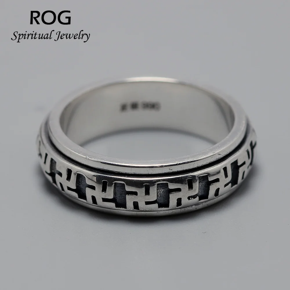 

Real Pure 925 Sterling Silver Rotatable Swastika Mantra Rings For Women And Men Prayer 6mm Shurangama OM Buddhism Jewelry