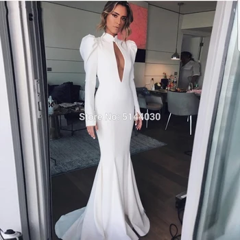 

Vestido De Festa White Long Evening Dresses 2019 High Collar Full-Sleeves Sexy Mermaid Evening Dresses Special Formal De Soiree