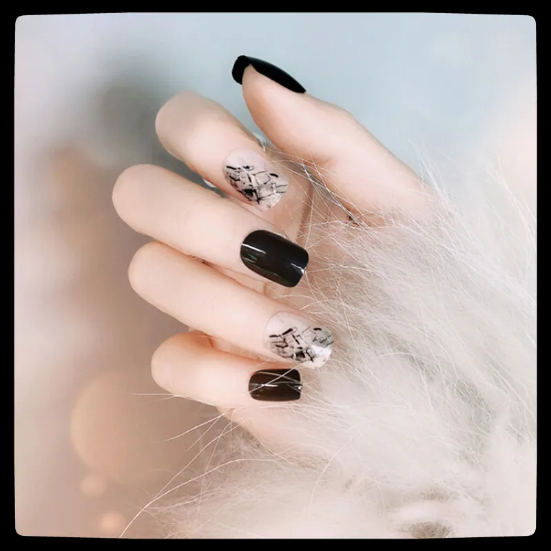 Hot 24 PCS Black False Nails With Glue Long Square Full Designed Smooth Nails Sticker For Ladies Press On Nails Full Nail Tips