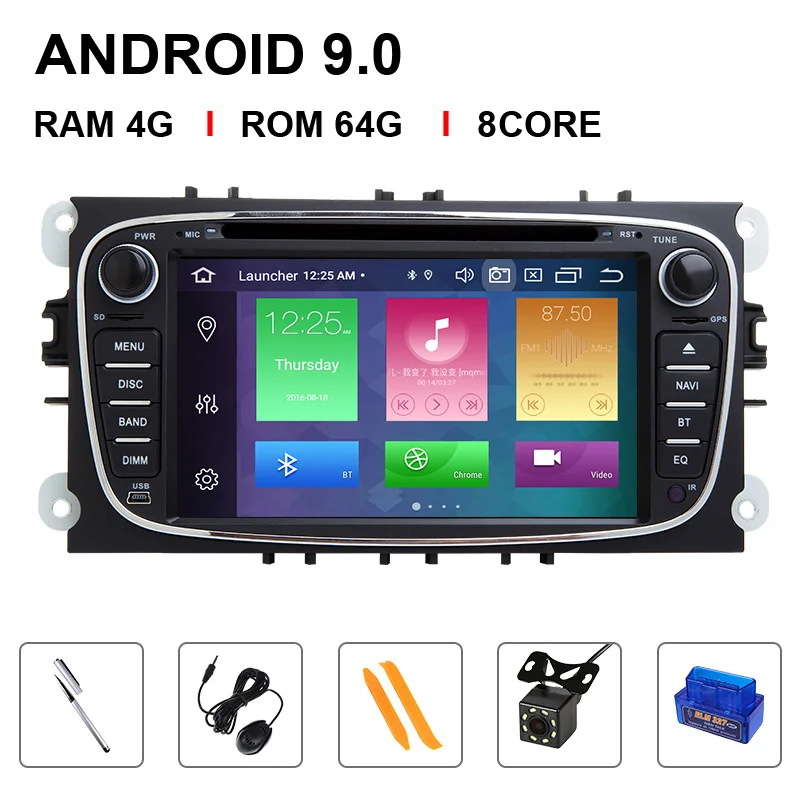 4GB2 din Android 9 Автомобильная магнитола мультимедиа для Ford Focus 2 3 mk2 Mondeo 4 Kuga Fiesta TransitConnect S-MAXC-MAX 8 ядерный ips DSP 64G - Цвет: 8 Core 64ROM OBD Cam