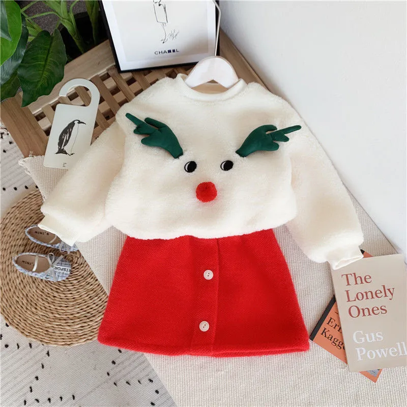 Christmas Baby Girls Dress Plus Velvet Sweater+Skirt two-Piece Set Children Winter Suit Thickened Sweatshirt For Kids 3D Elk