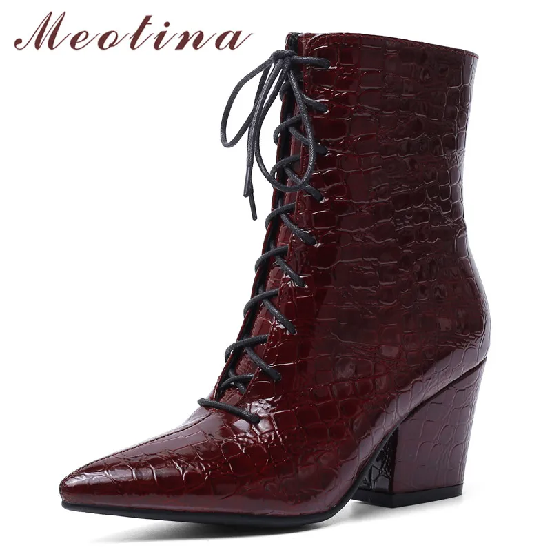 

Meotina Autumn Ankle Boots Women Boots Zipper Thick High Heel Short Boots Lace Up Pointed Toe Shoes Female Winter Big Size 34-43