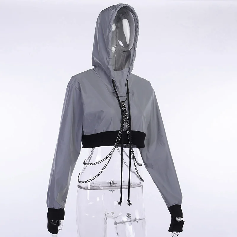 Женская Светоотражающая куртка WannaThis с капюшоном в стиле хип-хоп, уличная одежда с длинным рукавом, укороченный топ, пальто, верхняя одежда в стиле Харадзюку, светоотражающий шнурок