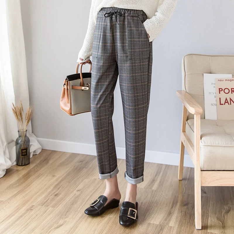 Coffee plaid Весна Лето Новые Модные женские винтажные классические клетчатые штаны с эластичной талией повседневные свободные шаровары Брюки Панталоны - Цвет: Coffee plaid