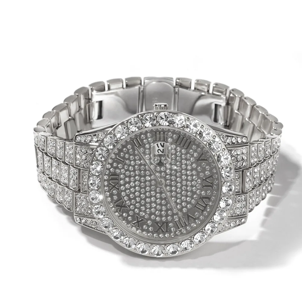 Хип-хоп микро с инкрустацией AAA кубического циркония Bling Iced Out мужские золотые часы браслет ремешок звено цепи браслеты для мужчин ювелирные изделия - Цвет: Silver