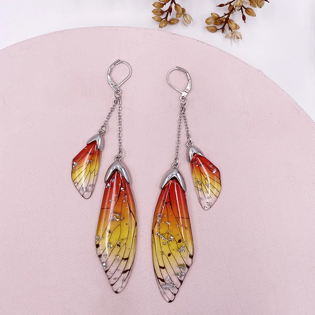 Fairy Resin Butterfly Earrings for Women Shining Crystal Flake Double Wing Long Drop Earrings Ladies Wedding Party Jewelry 2020 SF-Orange