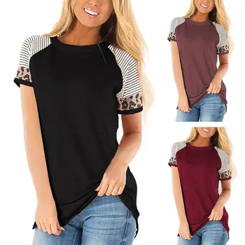

Womens Stripes Leopard Short Sleeve T Shirts Color Block Casual Loose Tunic Tops Crewneck Pullover Streetwear S-3XL