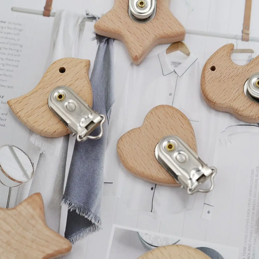 5Pcs/Set Kawaii Newborn Beech Wood Pacifier Clip Holder Elephant Baby Clasps Holders DIY Preferred Nipple Chain Accessories