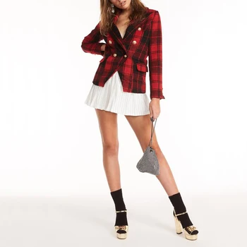 

Autumn and winter women's suit casual plaid double-breasted pocket decorative suit