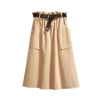 

#0252 Spring Summer Skirts Womens With Belt Big Pocket Elastic High Waist A-Line Casual Midi Skirt With Belt Knee Length Women