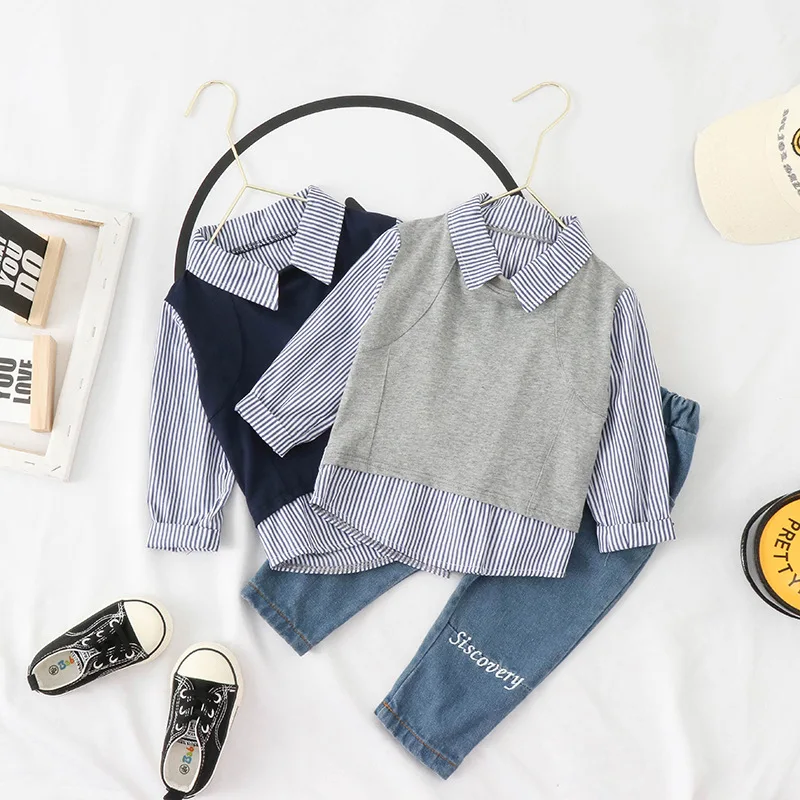 

2020 Spring And Autumn Korean-style er tong tao BOY'S Waistcoat Joint Long Sleeve Shirt Two-Piece Set