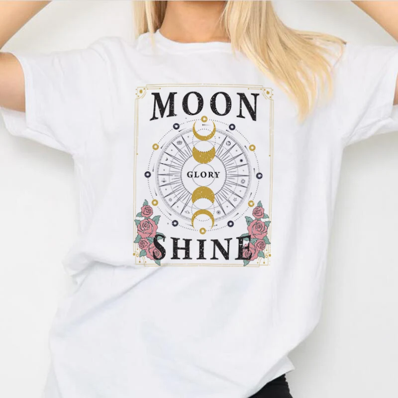 

Moon Shine Astrology Celestial T-Shirt Vintage Aesthetic Botanical Witch Tee Shirt Short Sleeve Loose Woman Tshirts Female Tops