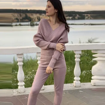 

New Women Autumn Winter Knitted Two Piece Sets Lantern Long Sleeve Criss Cross V Neck Pullover Sweater + Pants Suits Tracksuits