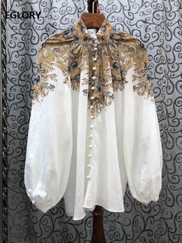 

100%Linen Blouse Shirts 2020 Summer Designer Tops Women Vintage Floral Print Tunic Buttons Front Long Sleeve Casual Loose Shirt
