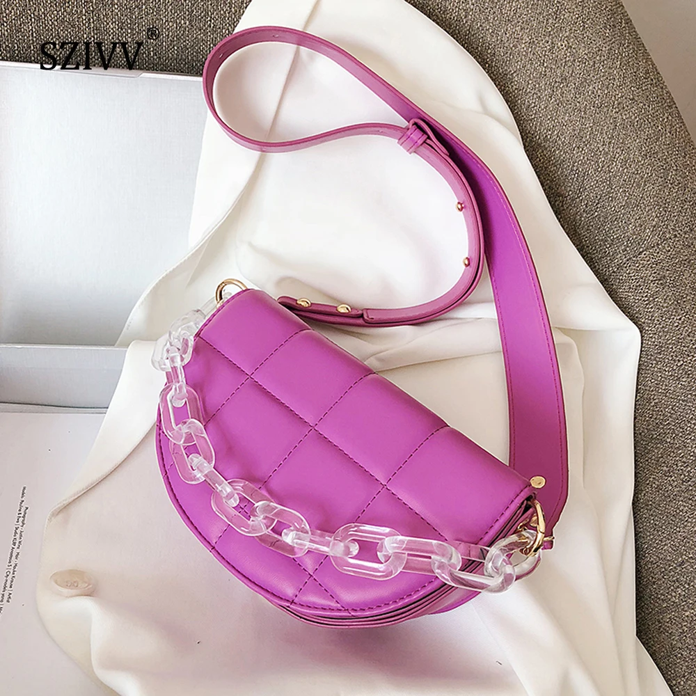 

Lattice Saddle Bags Small Semicircle PU Leather Crossbody Bags For Women 2020 Female Transparent Acrylic Chain Shoulder Handbags