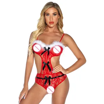 

Women Sexy Christmas Lingerie Pajama Thong Backless Winter Wear Bow Bodysuit Jumpsuit Set Red Festival Skirt S-2XL Plus Size new