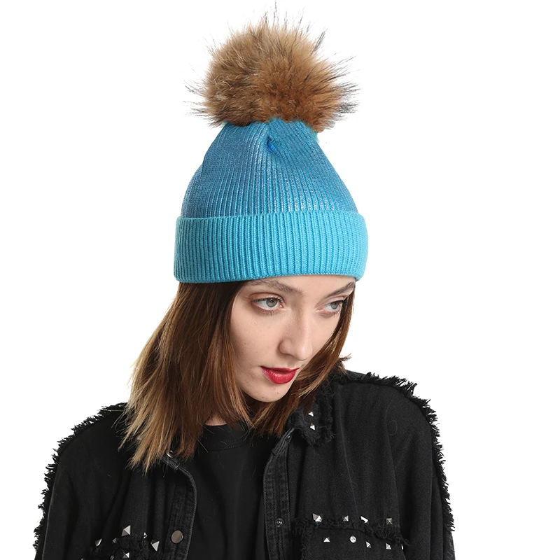 

2020 New Metallic Print Beanies For Women Girls Winter Real Fur Pompom Hats Warm Wool Knitted Beanie Hat Casual Pompon Cap