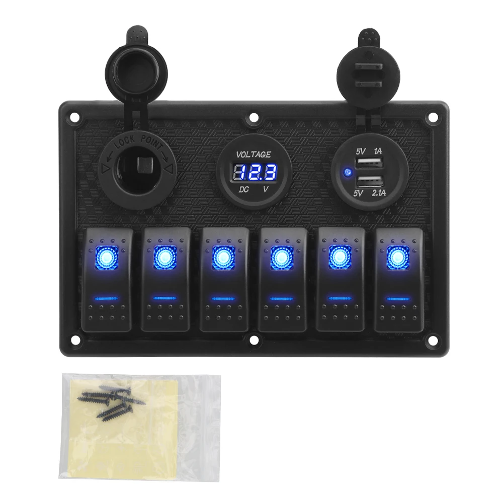 blue switch control panel with voltage meter