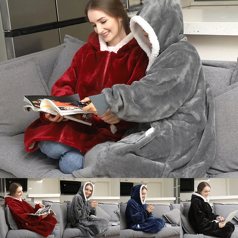 

Solid Color Hooded Sweatshirt Wearable Blanket Fleece Pullover with Front Pocket and Zipper Soft Warm Cozy Clothing