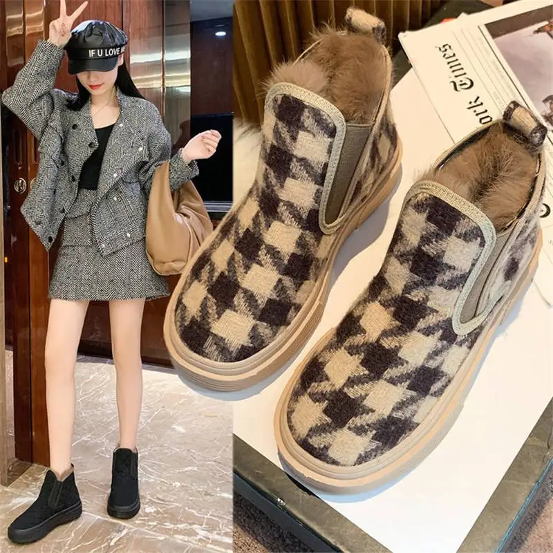 Fashion Shoes Woman Winter Platform Snow Boots Plush Female Casual Sneakers Gingham Faux Suede | Обувь