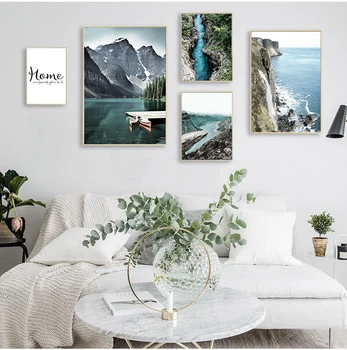 

Mountain Lake Waterfall Picture Scandinavian Poster Nordic Style Nature Scenery Wall Art Retro Poster Kraft paper poster