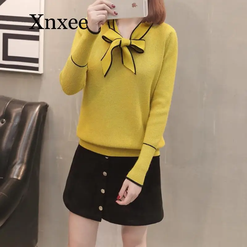 utumn Winter Pullover Sweater Women Long Sleeve Knitted Sweater Female with Bow Yellow Red Jumper Ladies Clothes wool pullovers utumn Winter Pullover Sweater Women Long Sleeve Knitted Sweater Female with Bow Yellow Red Jumper Ladies Clothes wool pullovers
