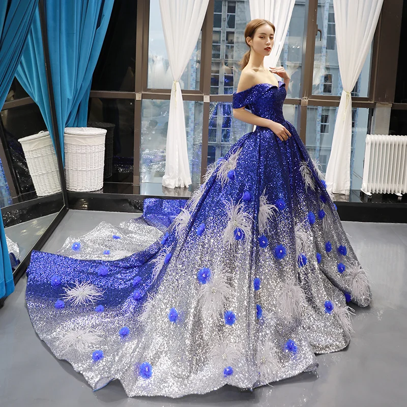 J66748 женское синее платье Quinceanera 2020 милое с открытыми плечами и коротким рукавом