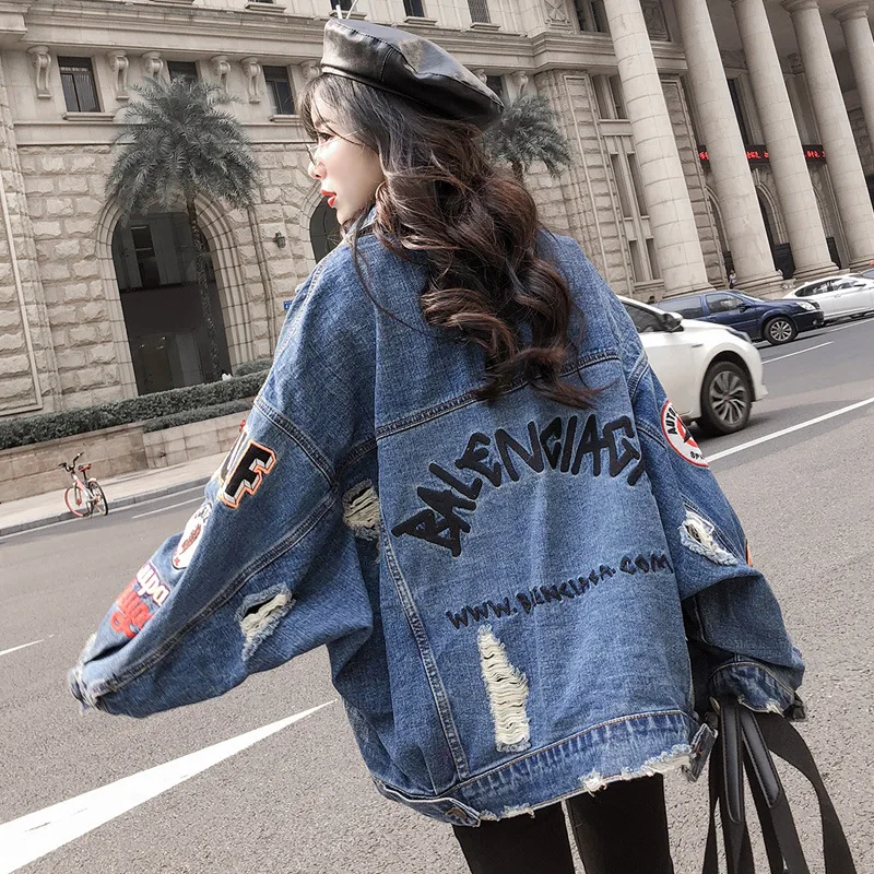 

2019 BF Harajuk Big Loose Denim Jacket Women Embroidery Jeans Coat Hip Hop Hole Single Breasted Jeans Jacket Casual Women Jacket