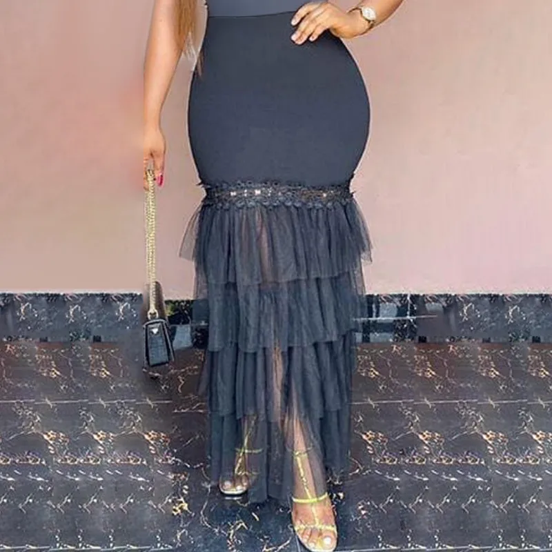 Women Long Tulle Skirt Mesh See Through High Waist Elastic Lace with Zipper Spring Summer Falda Elegant Female Fashion Saia Women Long Tulle Skirt Mesh See Through High Waist Elastic Lace with Zipper Spring Summer Falda Elegant Female Fashion Saia