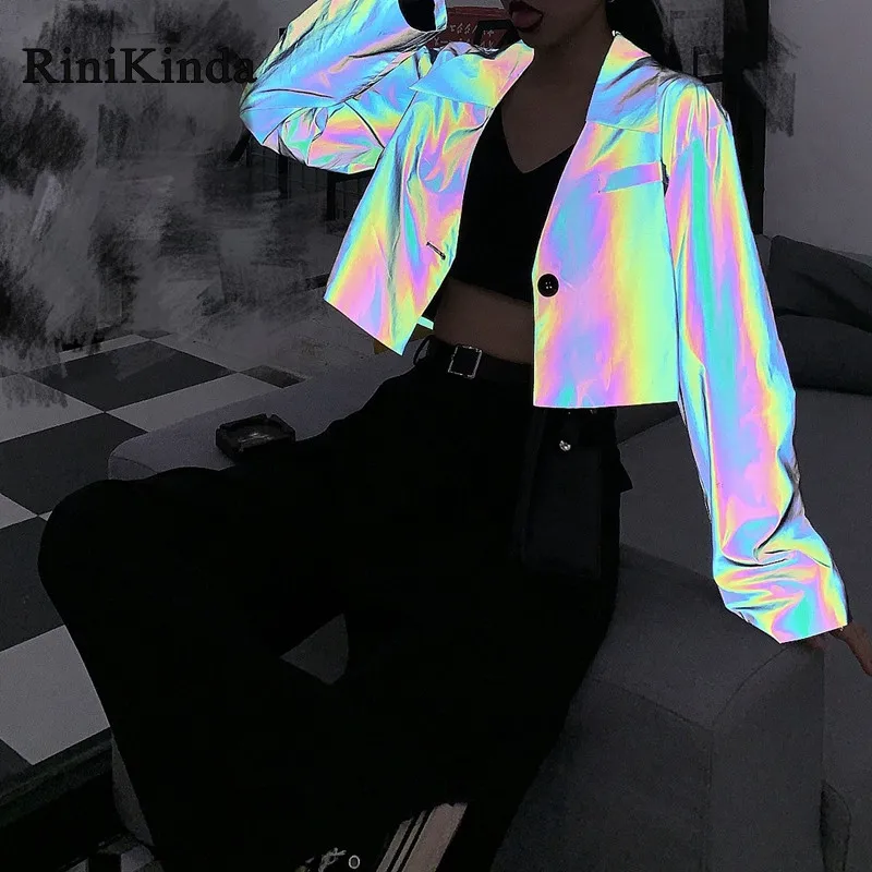 

RINIKINDA Bomber Jacket Women Full Sleeve Reflective Outwear Coat Women Autumn Short Ladies Jackets Female Jacket Women 2019