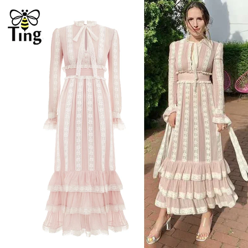 

Tingfly Runway Designer Lace Patchwork Long Dress Vintage Ruffles Layered Party Dresses Bow Pink Lady Midi Long Vestidos New