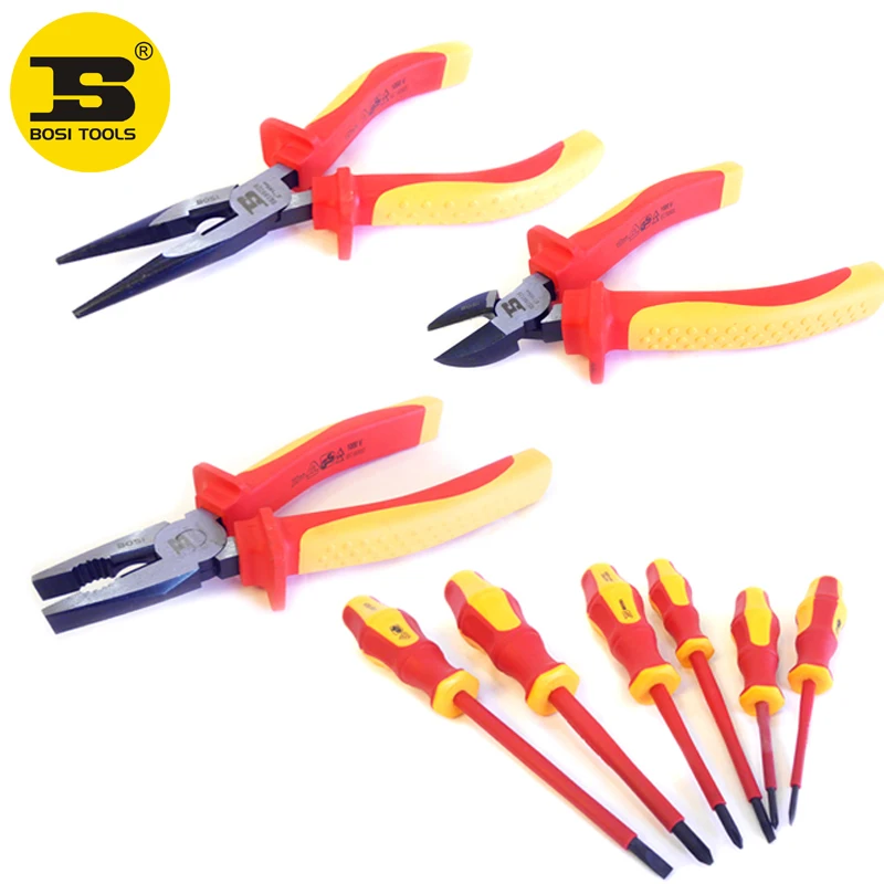 

free shipping BOSI 9pc VDE electrician screwdrivers cutters pliers tools set with portable case