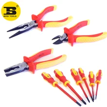 free shipping BOSI 9pc VDE electrician screwdrivers cutters pliers tools set with portable case