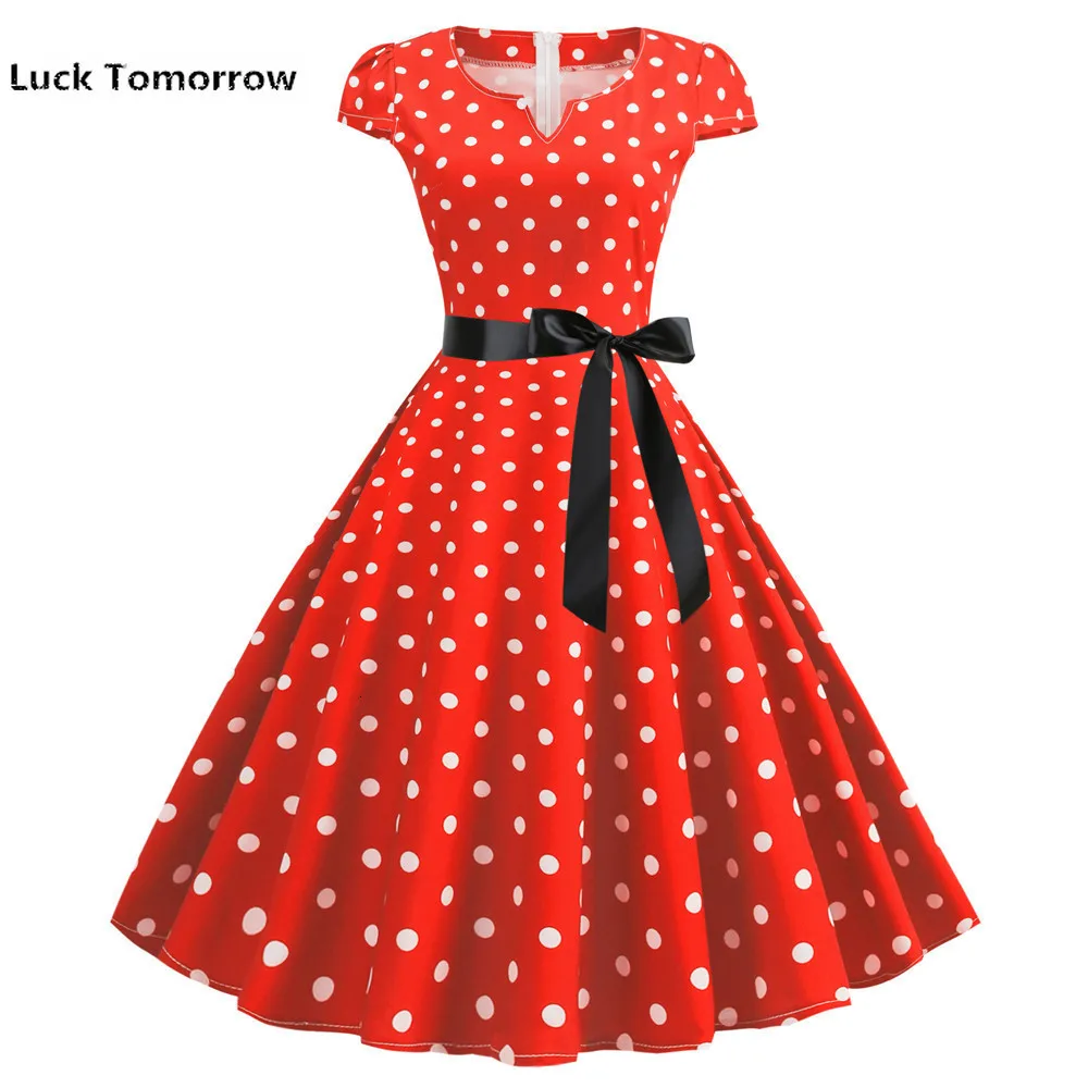 

Red White Polka Dot Vintage Dress Summer Women Floral Print Short Sleeve Retro Robe Rockabilly Dresses Party Dresses 2019