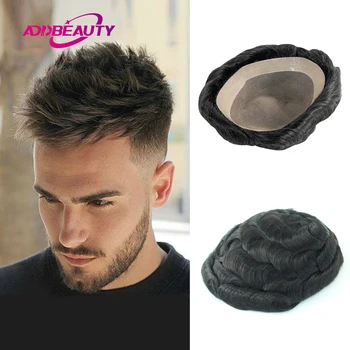 Man Toupee Fine Mono NPU Base Human Hair Wig Wave Men's Capillary Prosthesis Indian Human Hair System Unit Natural Color Brown