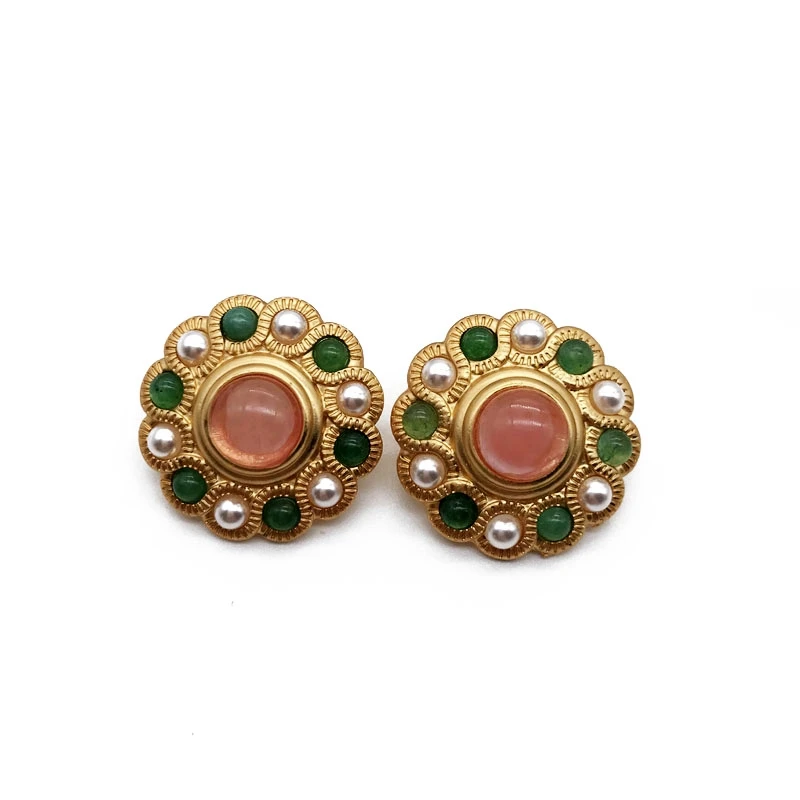 

Vintage Earrings Stud Jewelry Colorful Pink Stone Round Geometry Accessories For Femme Girls