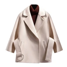 Новое Женское пальто, Короткое шерстяное пальто, Осень-зима, свободный студенческий Короткий плащ, повседневное однотонное пальто с длинными рукавами и отворотом