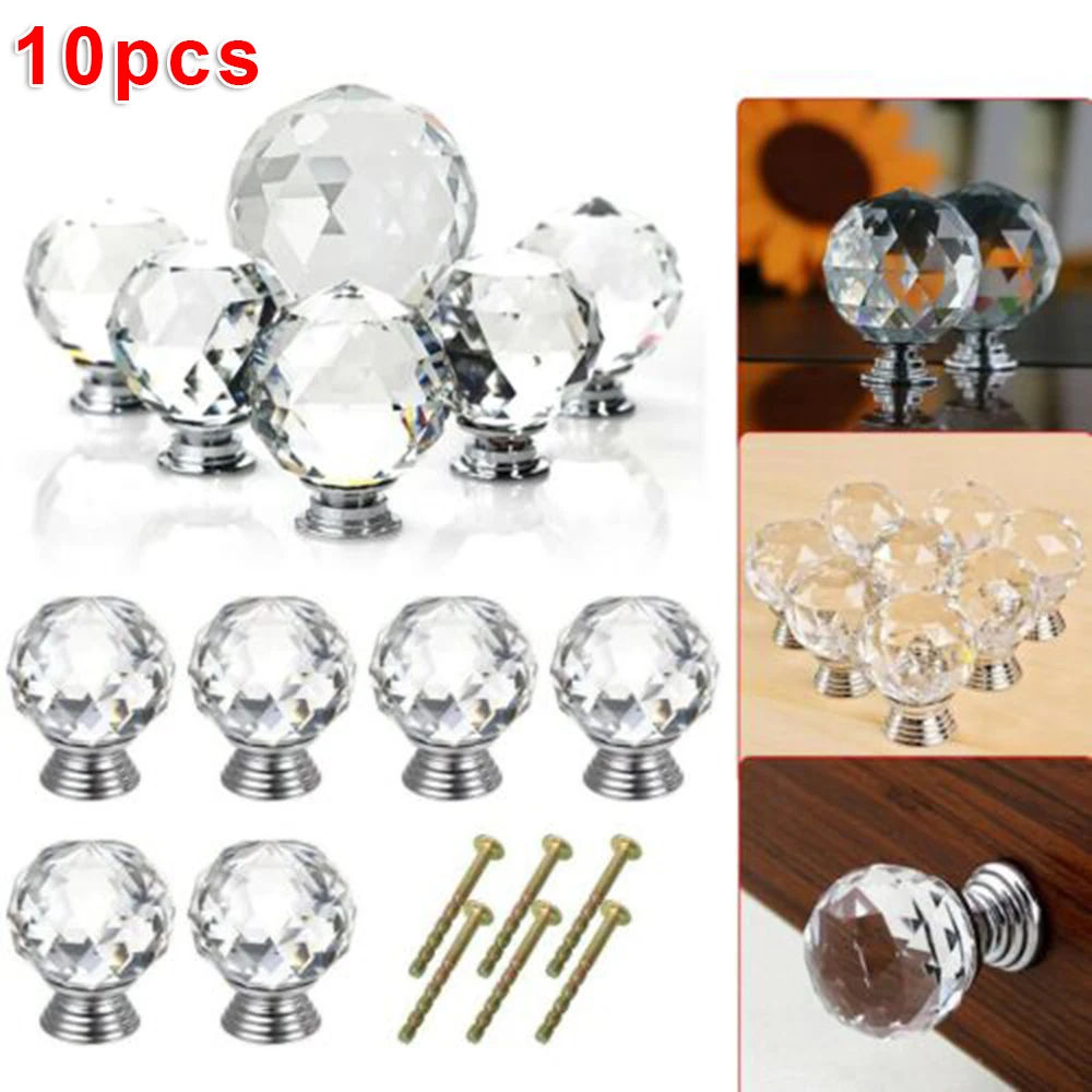 

10X CRYSTAL DIAMOND GLASS DOOR KNOBS CUPBOARD DRAWER FURNITURE HANDLE CABINET #