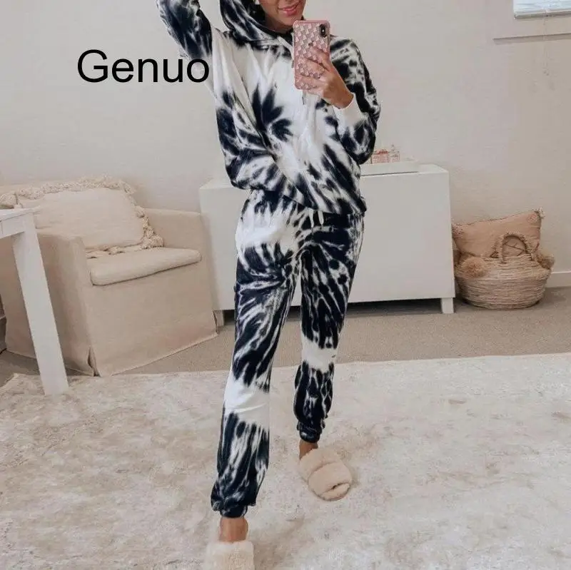 

Printing Tie-dye Lounge Set Tracksuit Women Two Pieces Fashion Short Hooded & Long Jogging Pants 2 Piece Sweatsuit High Quality