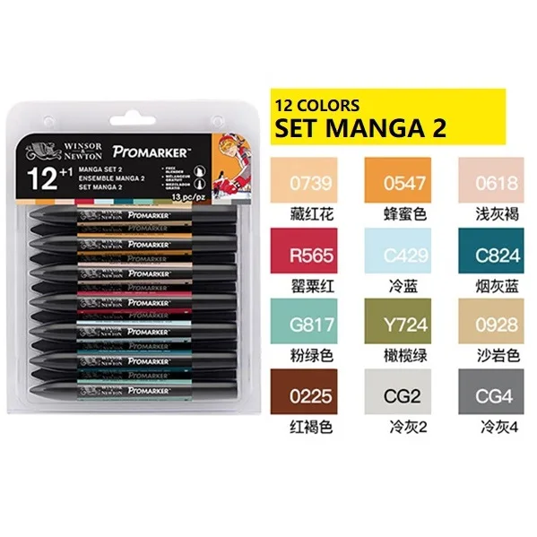12 COLORS MANGA2 Профессиональный маркер WINSOR& NEWTON, 6/12 цветов, двухсторонняя(с круглым носком и косой) ручка для рисования, маркер, товары для рукоделия - Цвет: 12 COLORS MANGA2