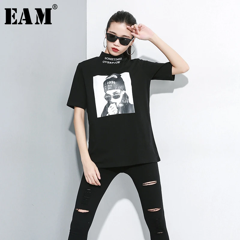 

[EAM] Women Black White Pattern Print Loose Fit T-shirt New Turtleneck Half Sleeve Fashion Tide Spring Autumn 2019 1A693