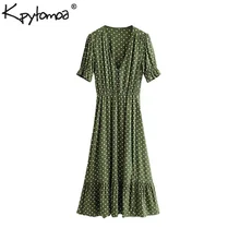 Винтажное стильное платье миди в горошек и пуговицы для женщин, мода, с v-образным вырезом, с коротким рукавом, с разрезом, женские платья повседневные платья Mujer