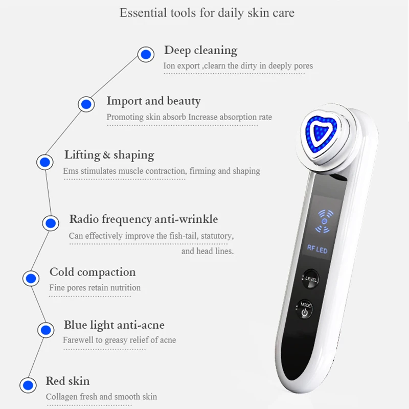RF 5-в-1 светодиодный фотон EMS микро-вибрация Красота машина ионов чистящим устройством для омоложения кожи