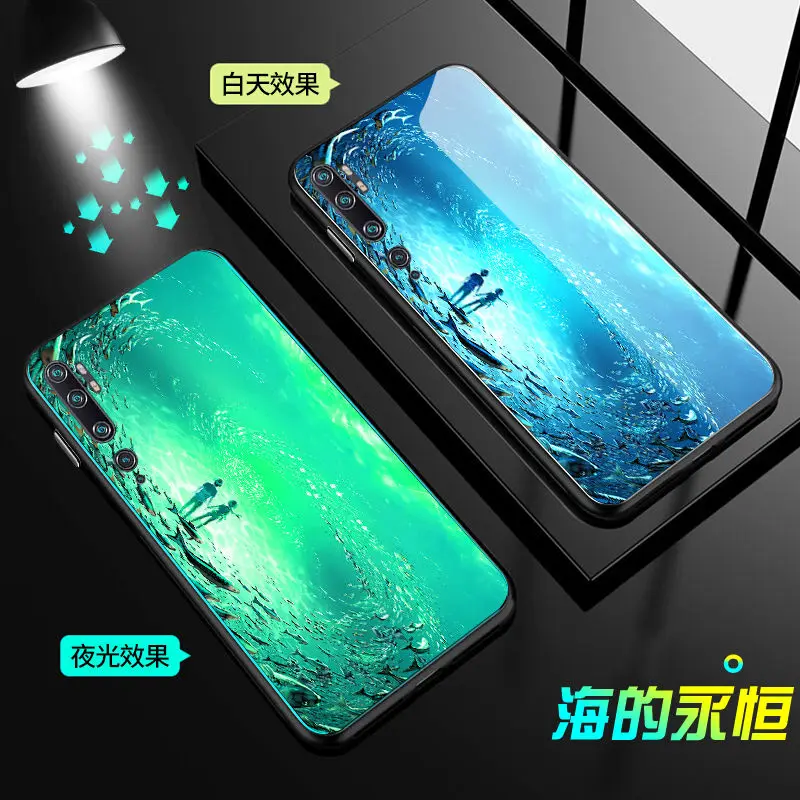 For Xiaomi Mi Note 10 Pro Case Luxury Luminous Hard Tempered Glass Protective Cover for xiaomi mi cc9 pro phone shell |